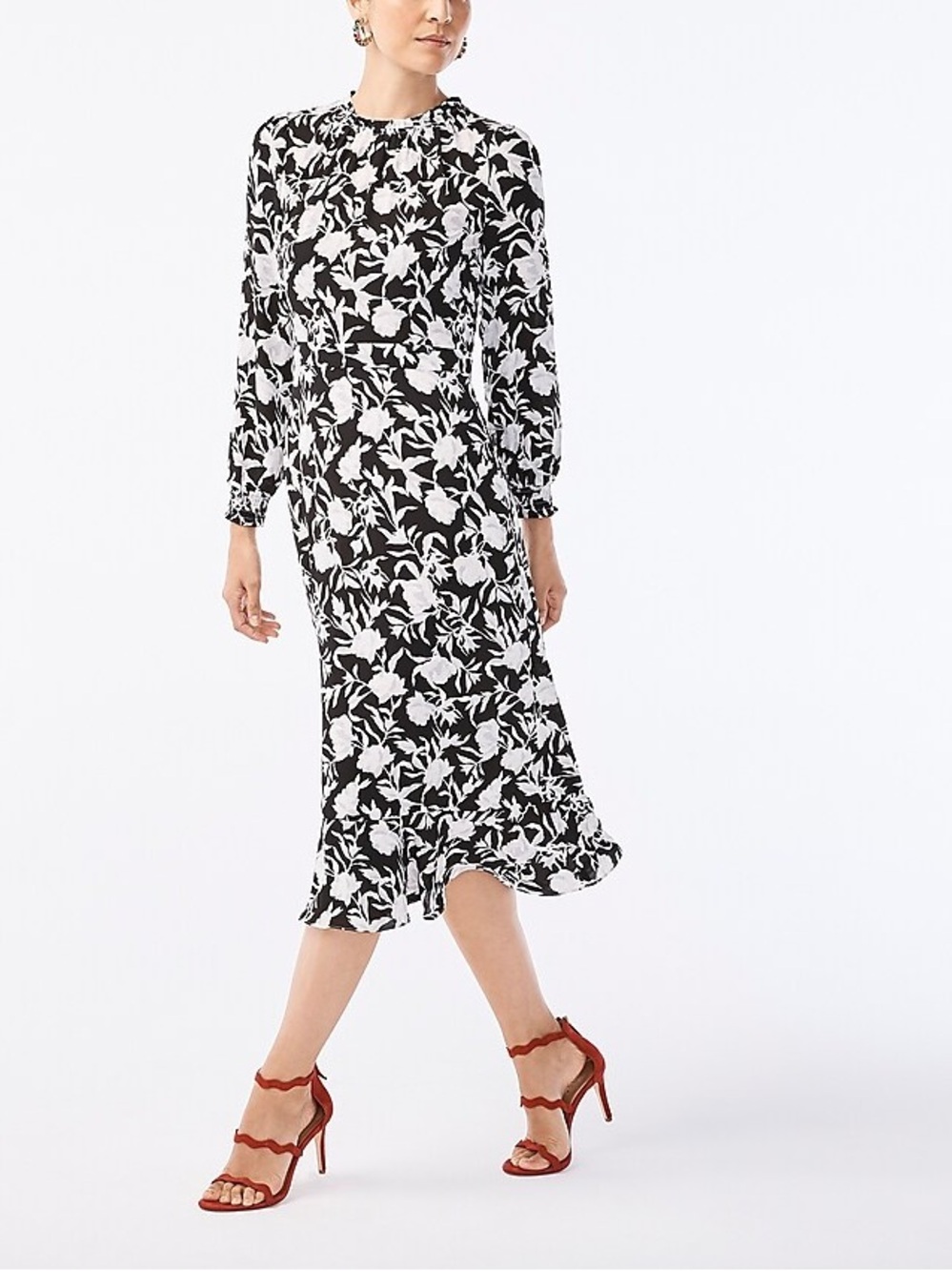 J. Crew Factory Ruffle Neck Peasant Dress Long Sleeve Midi Black White 2